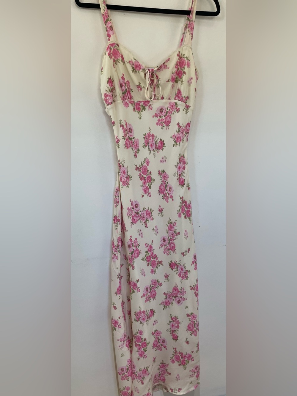 Pink Rose Floral Maxi Dress L Slip Style Lace Trim Side Zip Cottagecore Coquette - Picture 3 of 11